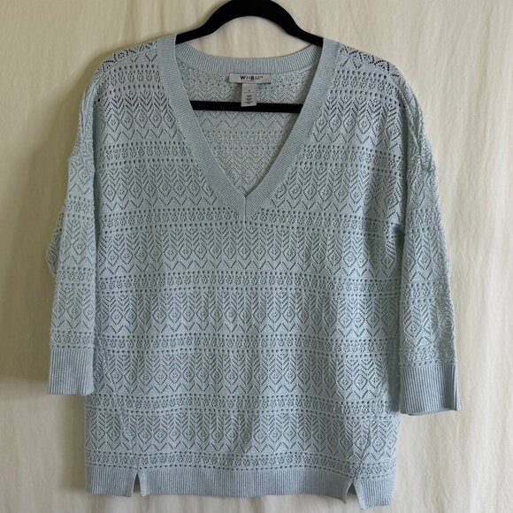 NWOT WHBM Open Knit Glitter/Metallic Thread Sweater Blue Green 3/4 Sleeve Size S - Picture 1 of 7